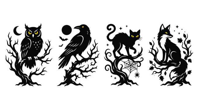 Spooky Halloween animal silhouette vector set with black owl, raven, cat, and fox on branches isolated on white.