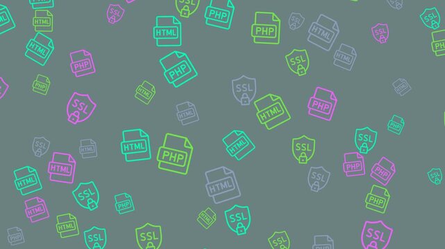 Seamless pattern of neonoutlined web development file icons on a grey background