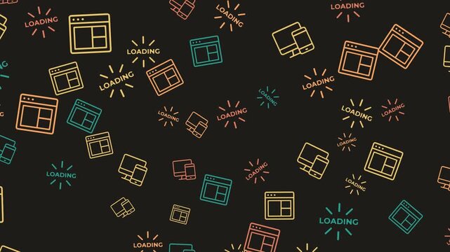 Seamless pattern of loading icons and browser windows on a black background