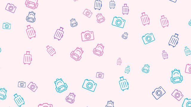 Seamless pattern of pastel gradient travel icons on a pink background