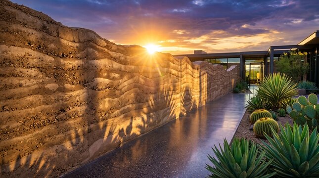Modern Rammed Earth Wall at Sunset in Desert Garden