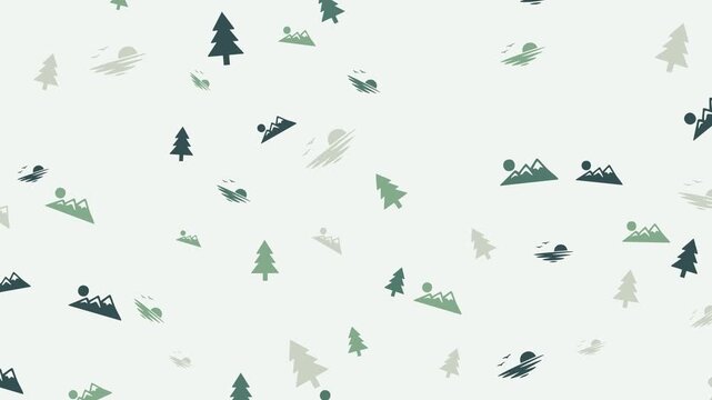Seamless pattern of stylized trees mountains and sun over water