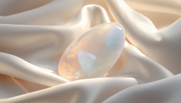 Iridescent opalite sculpting tool resting upon soft creamy silk fabric for luxury beauty wellness routine with showcases smooth iridescent nestled elegantly
