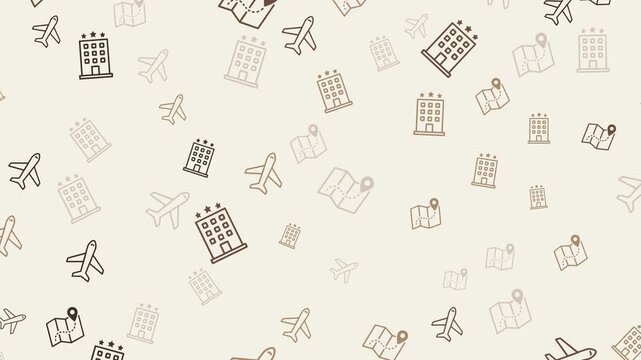 Seamless pattern of travelthemed icons on a neutral background