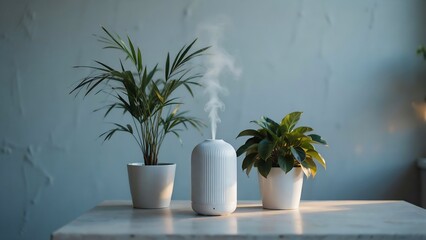 Fototapeta premium A white essential oil diffuser emitting mist between two potted plants