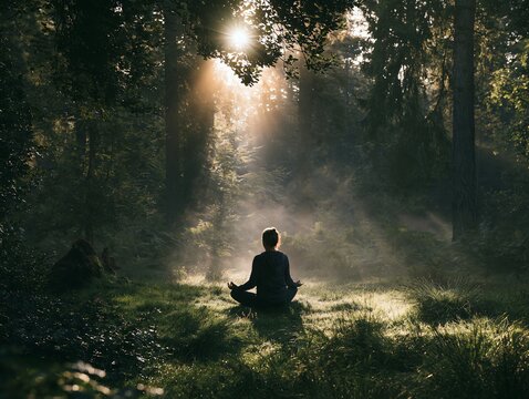 Person Meditating in a Sunlit Forest Clearing