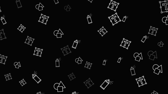 White outline icons of spray cans text boxes and geometric shapes on a black background