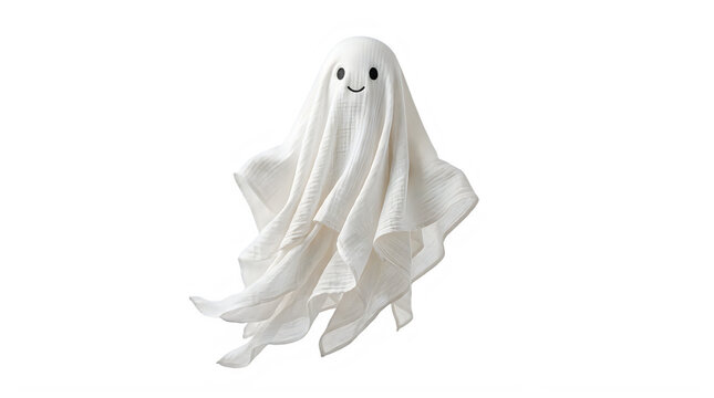 Cute white ghost character with smiling face, friendly fabric ghost for Halloween decoration, soft textile phantom figure for seasonal design isolated PNG with Transparent Background Halloween