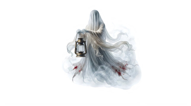 Eerie ghostly figure in white tattered robes holding a vintage lantern, spooky phantom spirit with blood stains, mystical spectral apparition isolated PNG with Transparent Background Halloween