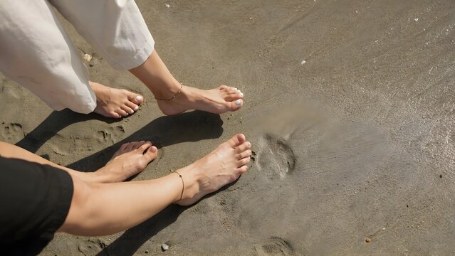 Closeup of two peoples feet standing on the sandy beach
