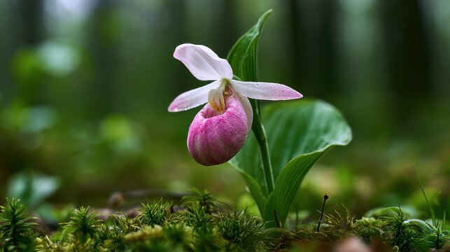 Macro photograph of Showy Lady's-slipper against a lush forest background