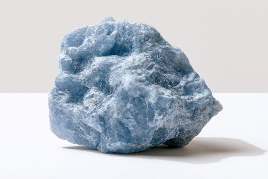 Macro photograph of rough blue Angelite crystal on a clean white backdrop