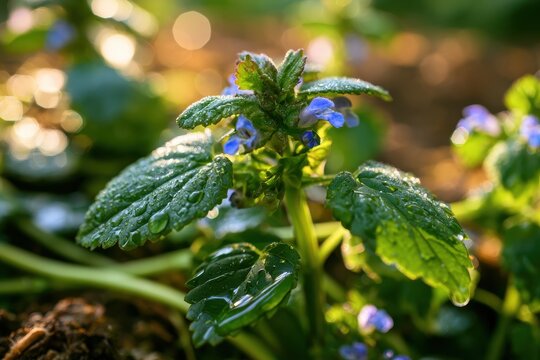 Macro photograph of skullcap leaves and tiny blue blooms in a garden