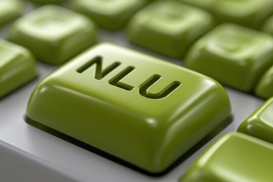 Macro shot of a lime-green keycap with NLU inscription for language understanding concept