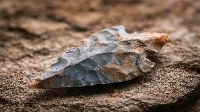 Macro shot of an ancient flint arrowhead with weathered patina and chipped edges on stone