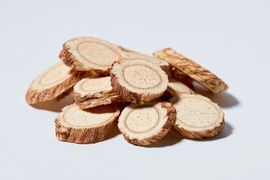 Macro shot of angelica sinensis root slices for herbal medicine