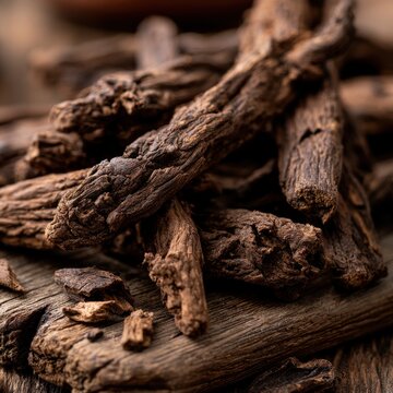 Macro shot of brown He Shou Wu root fibers in natural light