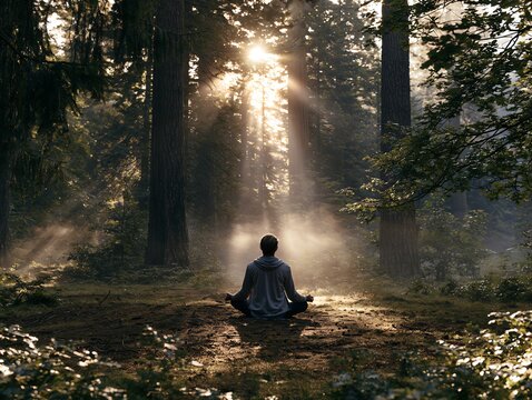 Person Meditating in Sunlit Forest Clearing