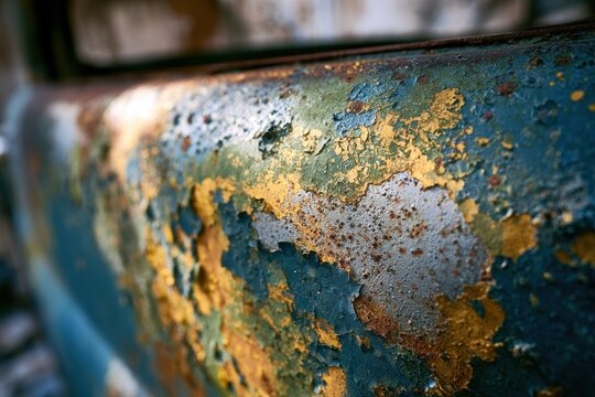 Macro shot of chipped, sun-faded automotive paint showing layered colors and patina