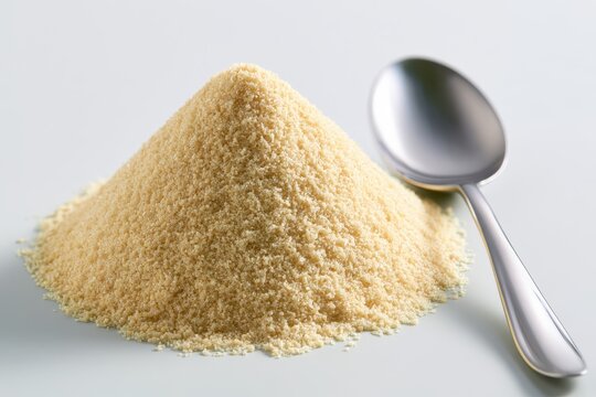 Macro shot of sunflower lecithin granules with a metal spoon on a soft-lit neutral surface