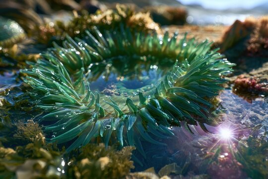 Macro View of a Bright Green Sea Anemone with Flowing Tentacles