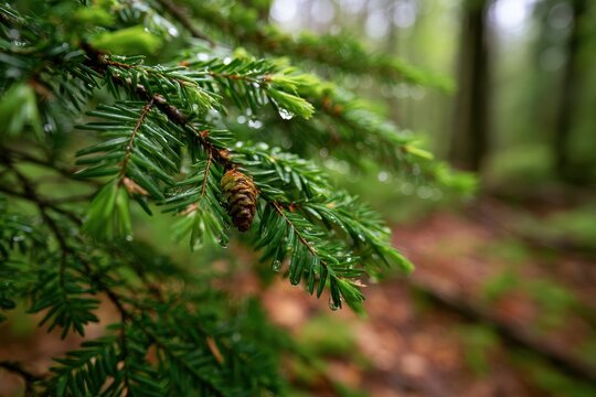 Macro view of a hemlock branch in spring: fresh needles, seed cone, dew drops, and natural woodland ambience