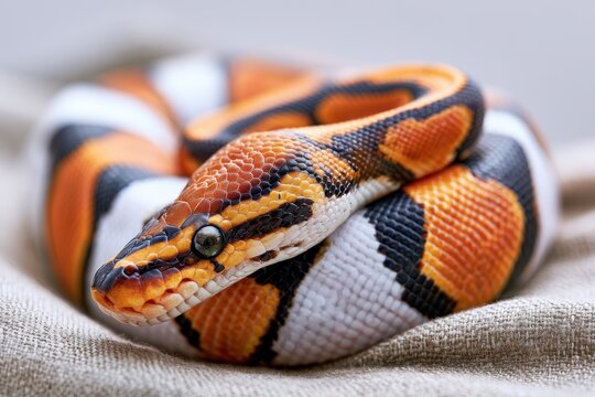 Macro View of a Pied Ball Python with Intricate Scale Pattern and Calm Coiled Form