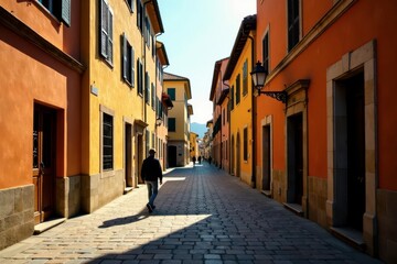 Fototapeta premium A solitary figure strolls down a sun-drenched cobblestone lane, flanked by vibrantly hued buildings with dark shuttered windows.