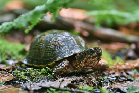 Macro-style wildlife photograph of an Eastern box turtle in a peaceful woodland scene