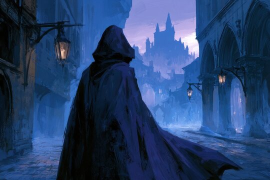 Magicien myst&Atilde;&copy;rieux vu de dos, cape et capuche dans une cit&Atilde;&copy; m&Atilde;&copy;di&Atilde;&copy;vale