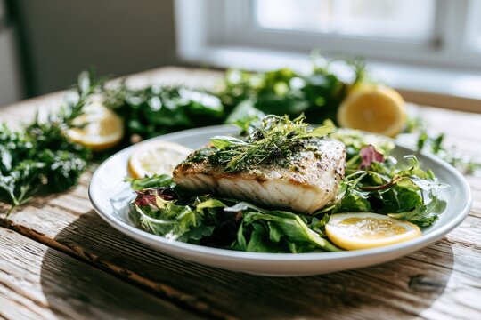 Mahi Mahi Fillet with Fresh Salad on Rustic Plate, Bright Daylight