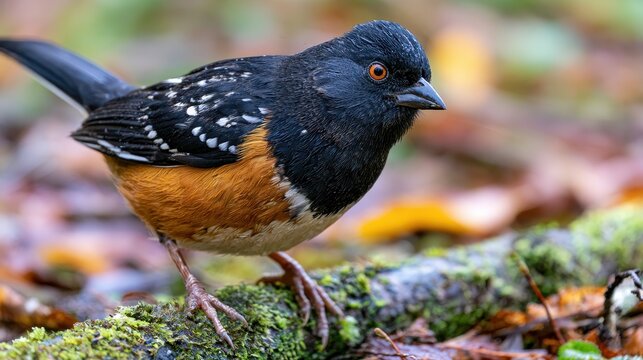 Male Spotted Towhee perched on a mossy branch in a sunlit forest