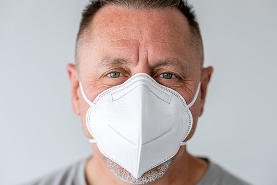 Male subject wearing an N-95 protective mask in a calm, everyday scene