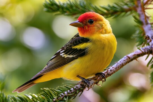 Male Western Tanager perched on a sunlit conifer branch with vibrant yellow plumage and a red crown