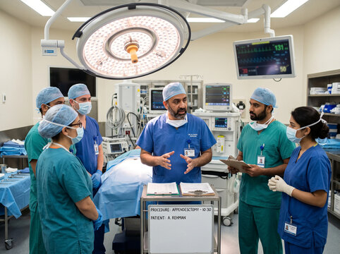 Surgeon briefing medical team before appendectomy procedure in modern operating room