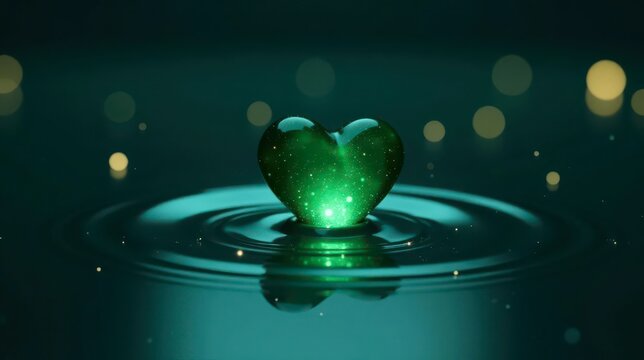 A luminous green heart, shimmering with inner light, rests gently on a tranquil, dark teal surface, creating mesmerizing concentric ripples.