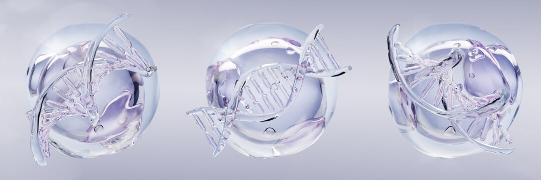 Collagen cell bubble 3d set with transparent liquid DNA helix strand structure in blue purple colors. Genetic cosmetics, beauty science. PDRN peptide serum drops with hyaluronic acid. 3D illustration