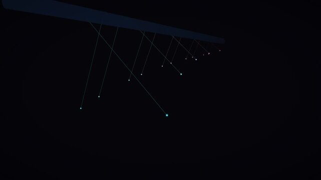 Pendulum wave physics animation. Glowing cyan and pink spheres swing in complex harmonic patterns on strings. Cinematic 3D loop for science, technology and education background.