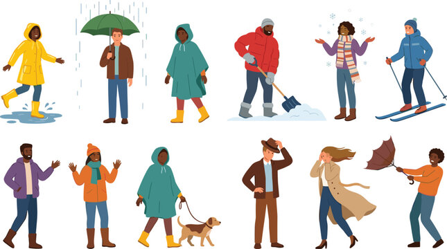 People in Different Weather Conditions Vector Illustration Set with Rainy Snowy Windy Outfits Shoveling Skiing and Walking Dog Activities Designs