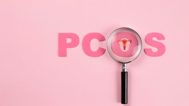 Polycystic ovary syndrome pcos concept with magnifying glass over the letter o on a pink background