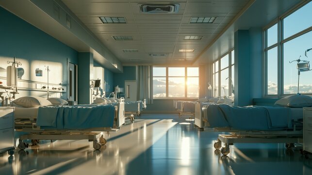 A bright, empty hospital room with multiple beds, medical equipment, and large windows letting in sunlight during sunset.