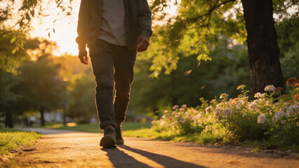 Obraz premium Man walking on a freshly mowed backyard lawn during sunset. Home landscaping and lawn maintenance concept. Backyard garden design with trimmed grass at golden hour in summer season.