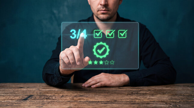 man seated at desk with glowing three of four progress interface and star rating to track multi step verification process, confirm task sequence completion, and monitor approval rating