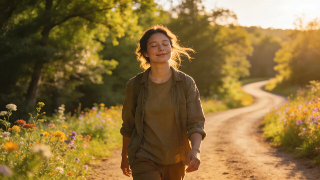 A young woman wearing a flower crown walks sunset light, mountain scenery and a rural setting create a romantic, peaceful and aesthetic summer scene. Peaceful summer mood.