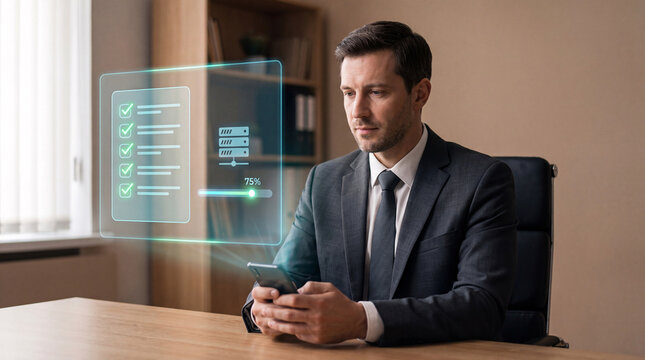 businessman holding smartphone with glowing checklist interface and progress bar above desk to track daily task completion, monitor server status icons, and manage digital workflow system