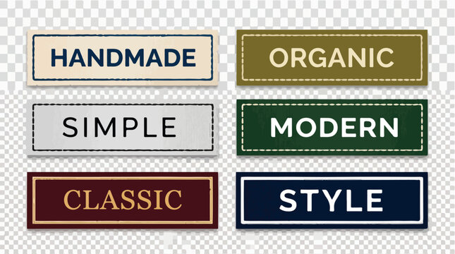 Vintage clothing labels set with stitched borders, 6 fabric garment tags for handmade and organic products, textile brand identity vector elements
