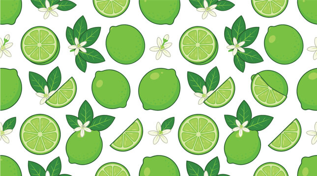 Seamless green lime pattern background vector illustration with whole fresh citrus fruits cut slices leaves and delicate white blossoms