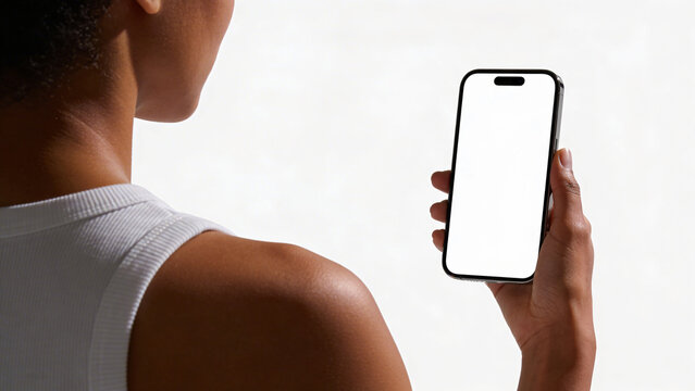 Black woman holds modern smartphone. Blank screen faces viewer. Closeup shot against white background. Isolated image tech device in hands. Woman likely looking at phone display. Image represent