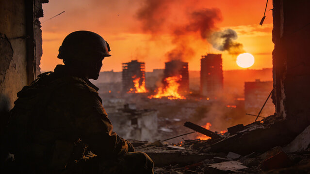 Silhouette of a lone soldier standing in a post-apocalyptic landscape at sunset. Desolate city ruins surround them.