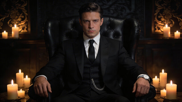Mafia boss sitting in chair.